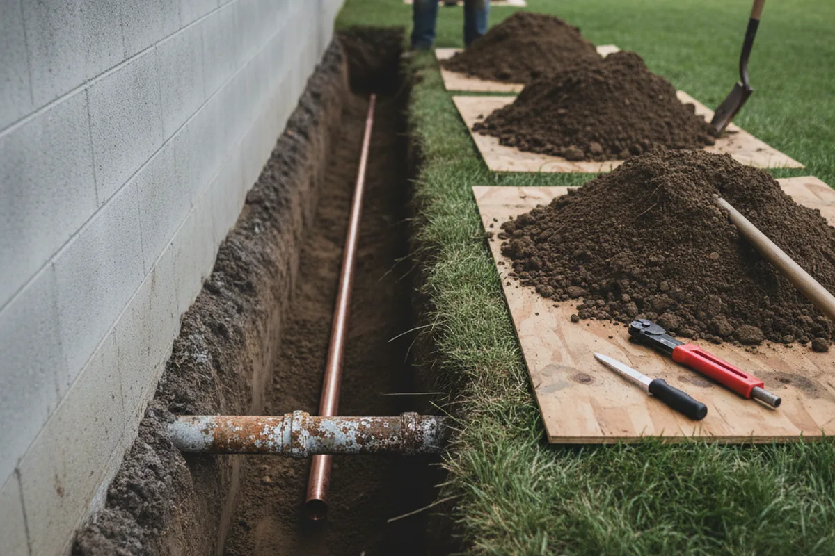 Excavated water line trench during Water Softener Installation in Roaring Gap